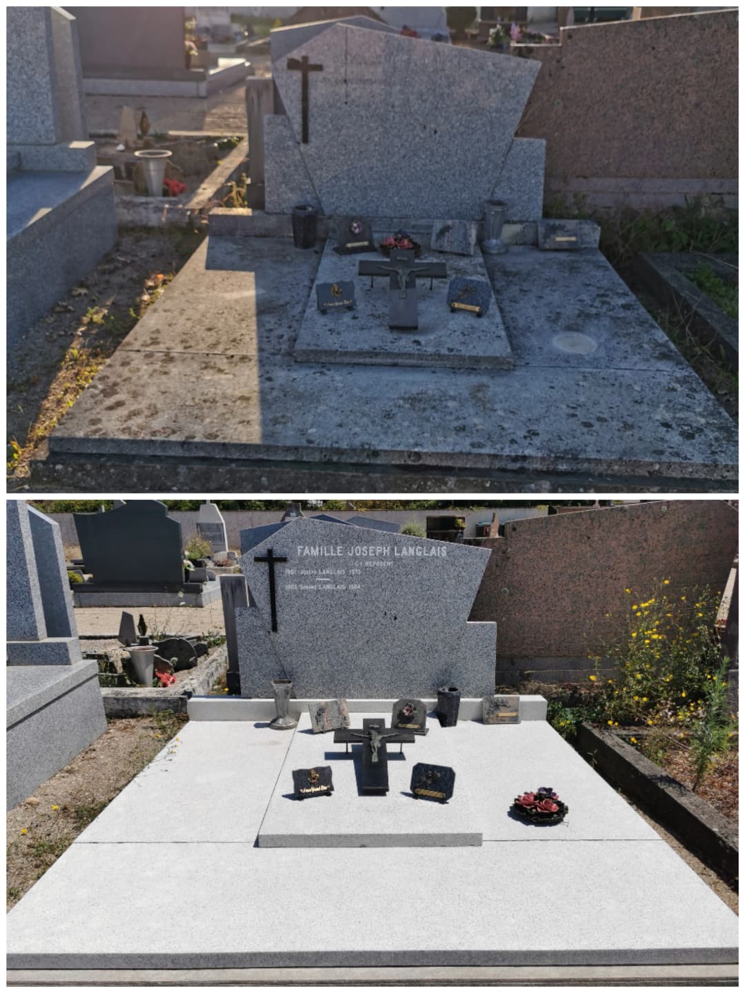 photomontage d'une concession avec stèle en granit et tombale en béton avant et après nettoyage