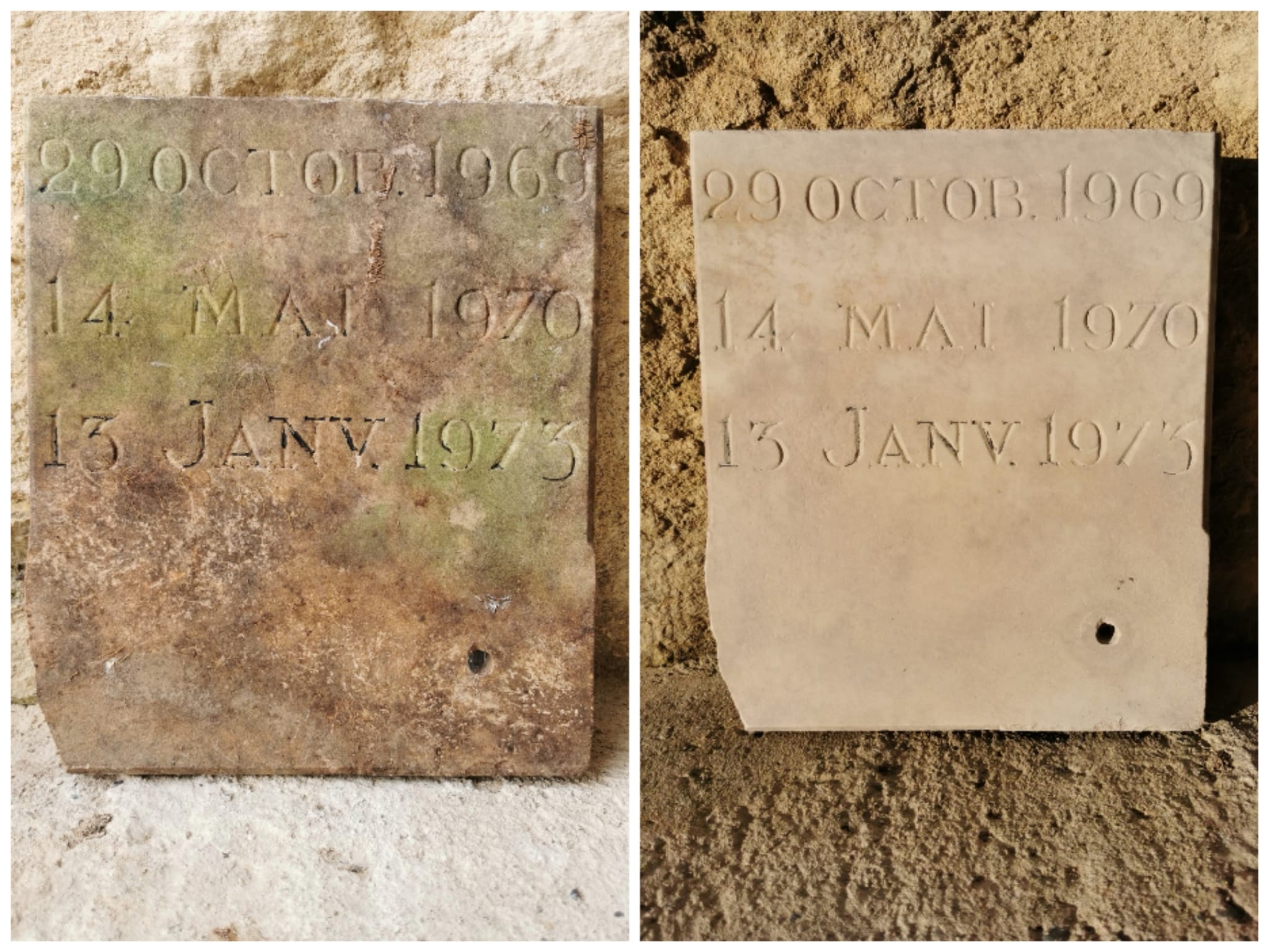 photomontage d'une plaque en marbre avant et après nettoyage