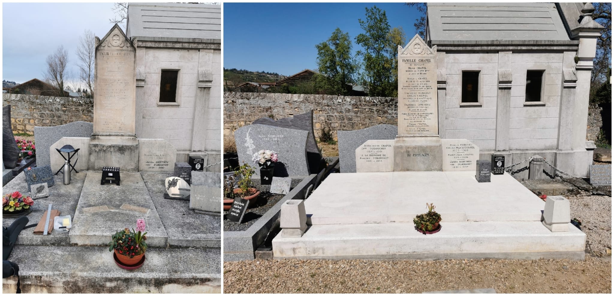 montage photos avec une concesssion avant la restauration à gauche, et la même après la restauration à droite